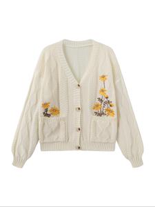women's floral embroidery button cardigan, casual long sleeve button front pocket fall knitwear, fashion women's knit clothing for daily wear, jacket, womenswear