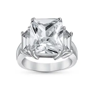 Art Deco Style 8CT CZ Emerald Cut Statement Engagement Ring Sterling Silver Cubic Zirconia Baguette Stones