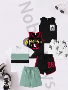 Kids' Knit Fabric Sports-Casual Set, Summer New Collection 6-Piece Pack - Cool Print, Sports Look, 3 Tops & 3 Shorts for Boys & Girls