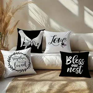4pcs Modern Black & White Heart Decorative Throw Pillow Set - Elegant Love, Bless Our Nest, Wedding & Anniversary Text Designs - Zipper Closure Cases for Living Room, Bedroom, Sofa