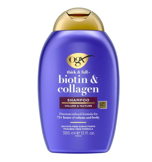 OGX Thick & Full + Biotin & Collagen Volumizing Shampoo, Nutrient-Infused Hair Shampoo with Vitamin B7 Biotin Gives Hair Volume & Body for 72+ Hours, Sulfate-Free Surfactants, 13 fl. oz