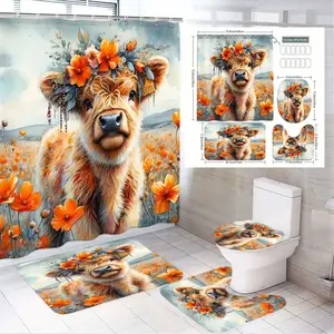 4pcs Whimsical Cow Bathroom Set, Charming Shower Curtain, Vibrant Poppies, The floor mat fabric is thicker and softer! Delightful Toilet Seat Cover, Cozy Bath Mat & Floor Mats