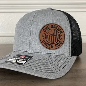 One Nation Under God Flag Cross Patriotic Side Leather Patch Hat