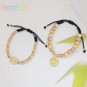 Tricolor Gold Virgin Mary Braided Bracelet, 18K Gold Plated Religious Beaded Adjustable Hand Rope, Catholic Faith Jewelry for Women, Vintage Inspired Spiritual Charm Bracelet, Perfect for Daily Wear, Prayer, Church & Sentimental Religious Gifting