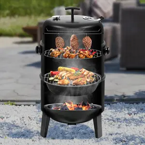 MASTER COOK 16 inch Charcoal Smoker Vertical BBQ Grill Heavy Duty 4 In 1 Fire Pit with Thermometer Adjustable Vent for Backyard Camping Portable Barbecue