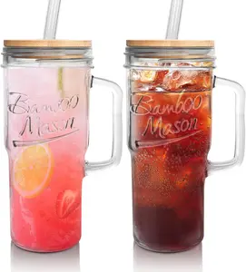ANOTION 24oz Glass Cups with Lids and Straws with Handle  -Tumbler Coffee Cups Mason Jar Cups Drinking Set Coffee Bar Accessories