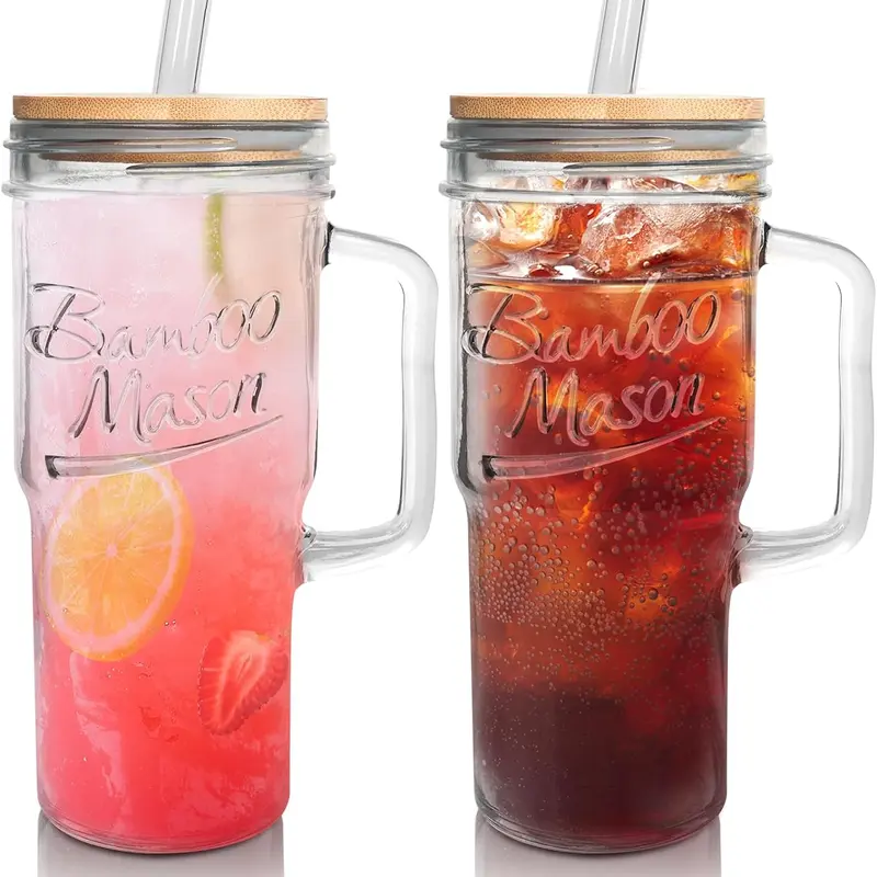 ANOTION 24oz Glass Cups with Lids and Straws with Handle  -Tumbler Coffee Cups Mason Jar Cups Drinking Set Coffee Bar Accessories