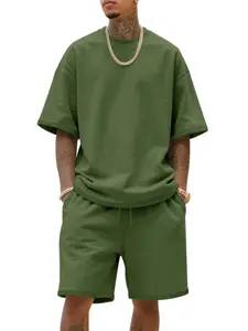 Men's Summer American Style Loose Fit Heavyweight Fleece High Street Trend Hip Hop Sport Menswear Short Sleeve Shorts Set