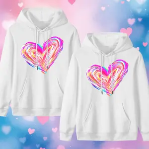 Couple Matching Outfits, Colorful Swirl Heart Print Couple Hoodies, Unisex Romantic Matching T-Shirts, Ideal Valentine’s Gift for Couples