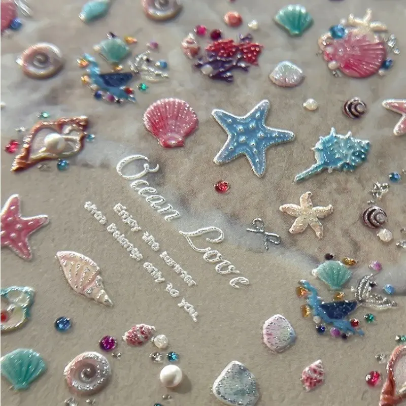 Seashell & Starfish Silver Hot Stamping Pearl Nail Art Stickers, 1pc Ocean Holiday 5D Embossed Self-adhesive DIY Nail Stickers and Decals - Nail Supplies and Nail Charms for Girls and Women-Spring Summer Nails For Nail Art Home Salon