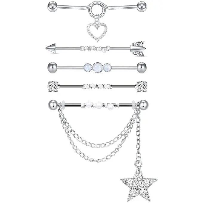 14G Industrial Earrings Surgical Steel Heart Star Moon Dangle Industrial Piercing Jewelry 1 1/2 Inch 38mm Industrial Bar Piercing Silver Industrial Barbell for Women Men