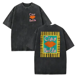 Double-sided Printed Spring/autumn Women's Shirt with Cute Lips and Text Design. Ciao Bella Printed Pattern. Fabric. Round Neckline. Short Sleeves. Women's T-shirt