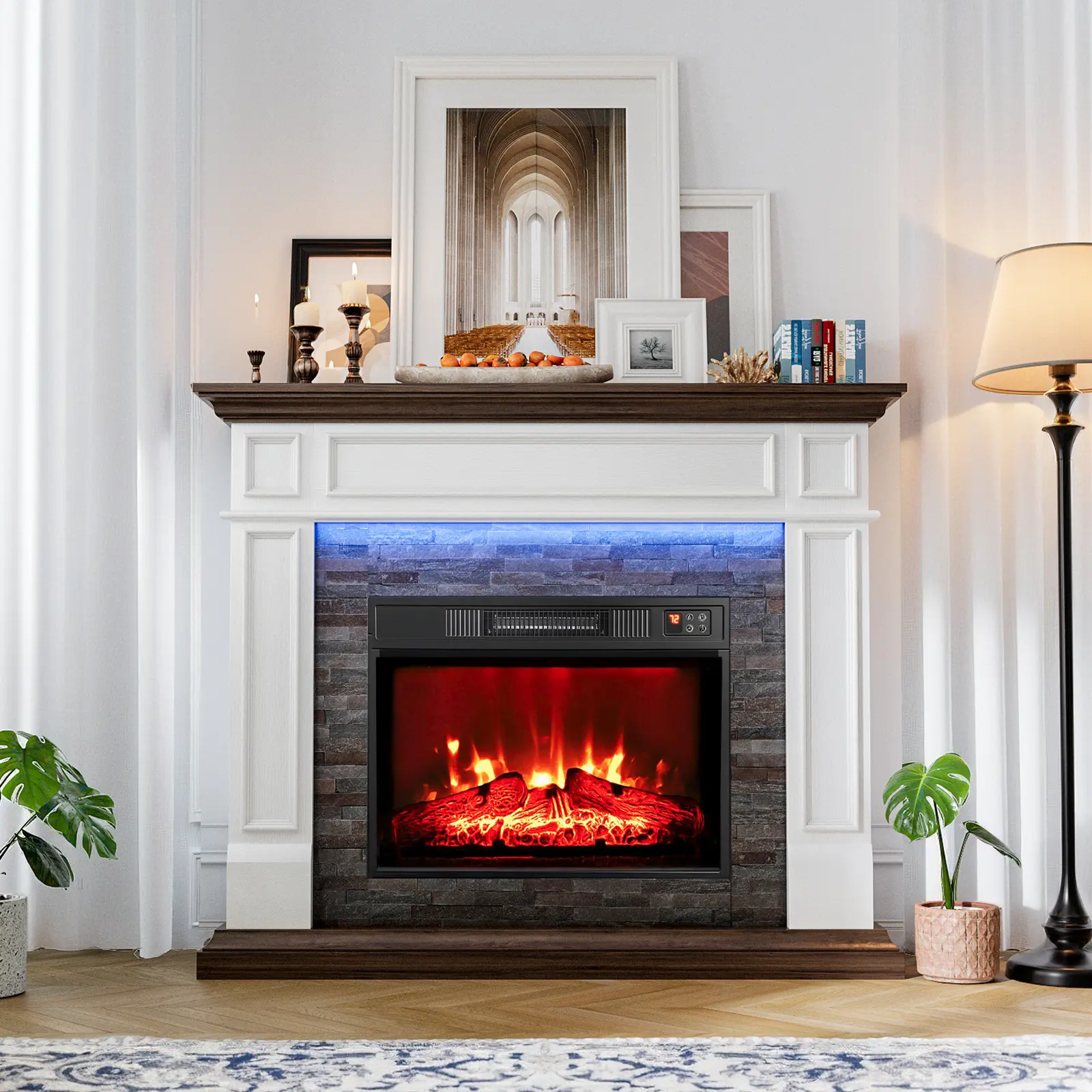 【2 Packages shipped] LGHM 44" Electric Fireplace with Mantel, Fireplace TV Stand for TVs , Farmhouse Entertainment Center with Storage, Fireplace Heater Insert with Realistic 3D Flame for Living Room,Bedroom，Traditional Fireplace Mantel