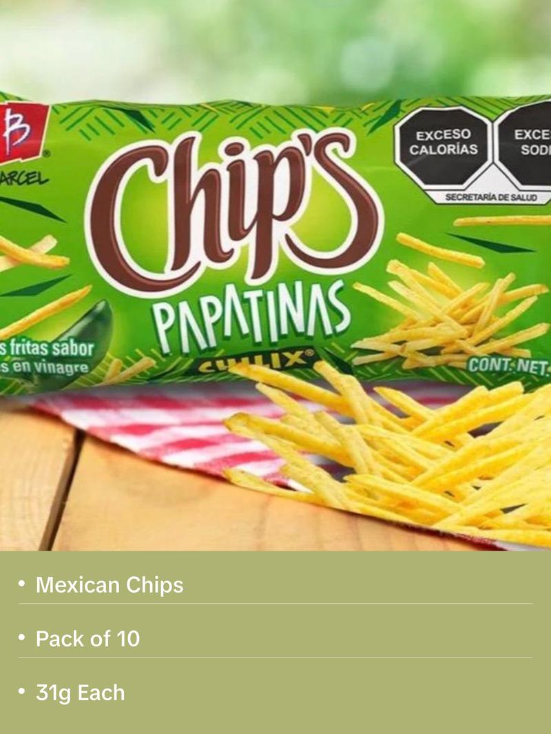Barcel Papatinas Chilix Papas Botanas Frituras Mexican Chips 31g Pack of 10
