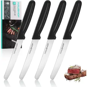 Set of 4 Steak Knives, Sharp Serrated Steak Knives, Premium Stainless Steel Steak Knife Set with Gift Box, Black Handle