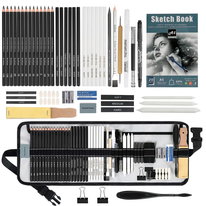 60Pcs Sketching Pencil Set with A5 Sketchbook, Includes Graphite & Charcoal Pencils, Blending Stumps, Erasers, and More - Professional Art Supplies & Art Materials for Adults, Ideal for Sketching & Shading