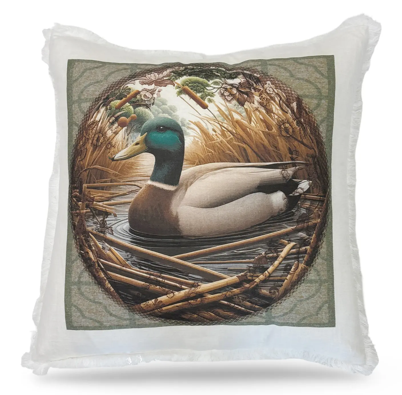 Woodland Mallard Duck Linen Cotton 22x22 Square Pillow
