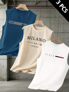 Men's Letter Print Round Neck Sleeveless T-Shirt, Casual Streetwear Comfortable Top, Summer Outdoor Fitness Wear, 3 Pack