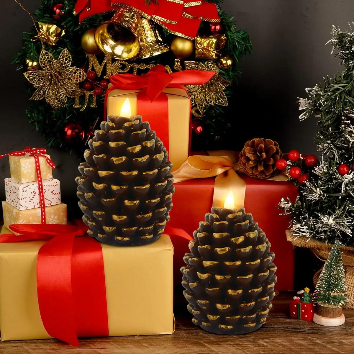Flameless Pine Cone LED Candles, Battery Operated Flickering Wick Real Wax Pine Cone Candles for Holiday Indoor Decoration, Brown
