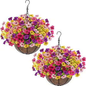 2 Sets Artificial Hanging Plants Flowers Basket Outdoor, Fake Hanging Plants 24 Pcs Flowers for Porch Patio Garden Home Decor for Mothers Day Memorial Day Spring Summer (Red, Purple, Yellow, Rose Red)