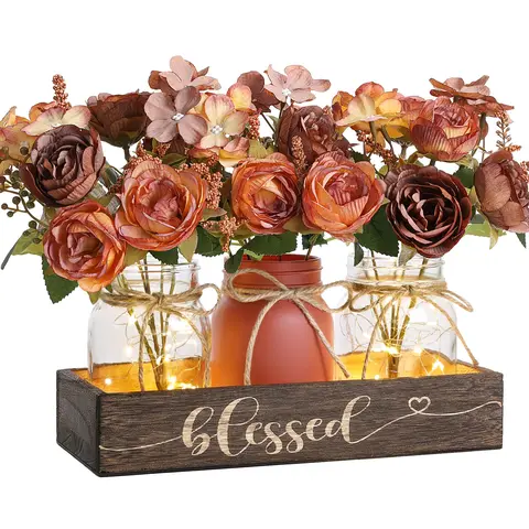 Ivydale 3-Piece Glass Mason Jar Centerpiece Set - Farmhouse Home Decor with Wooden Tray, LED Light, Metal Aluminum Accents, Kitchen Decor, Room Accessories for Coffee Table, Friendship Gifts