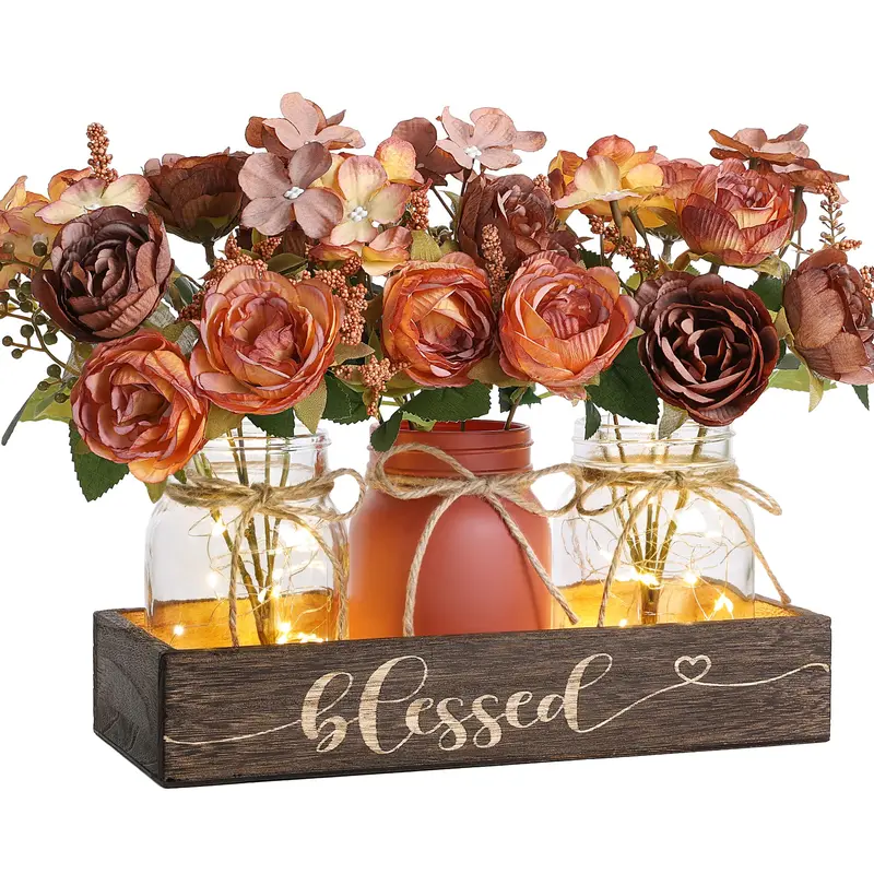 Ivydale 3-Piece Glass Mason Jar Centerpiece Set - Farmhouse Home Decor with Wooden Tray, LED Light, Metal Aluminum Accents, Kitchen Decor, Room Accessories for Coffee Table, Friendship Gifts