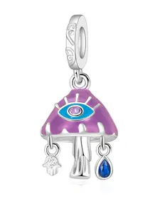 Mushroom Demon Eye Silver Pendant Necklace, Dark Vintage Cartoon Charm, Copper Chain, All Seasons, Daily Wear