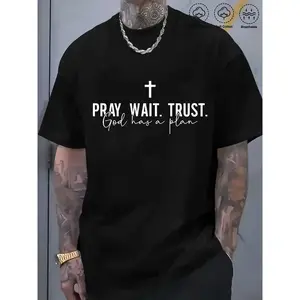 Women's Christian Streetwear Short-Sleeve T-Shirt, Cross Graphic Top with Pray Wait Trust God Has a Plan Design, Casual Summer Faith Religious Tee, Shortsleeve, Tshirt