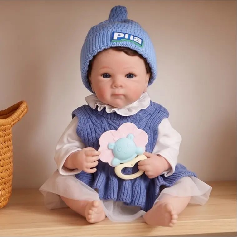 19 Inch Realistic Reborn Baby Girl Doll, Lifelike Open Eyes Newborn Doll With Blue Knit Hat Vest Skirt Outfit Weighted Body ,Vinyl Limbs Cuddly Companion Toy Perfect Gift For Kids 3+ And Doll Collectors,Christmas, Easter and other festivals.