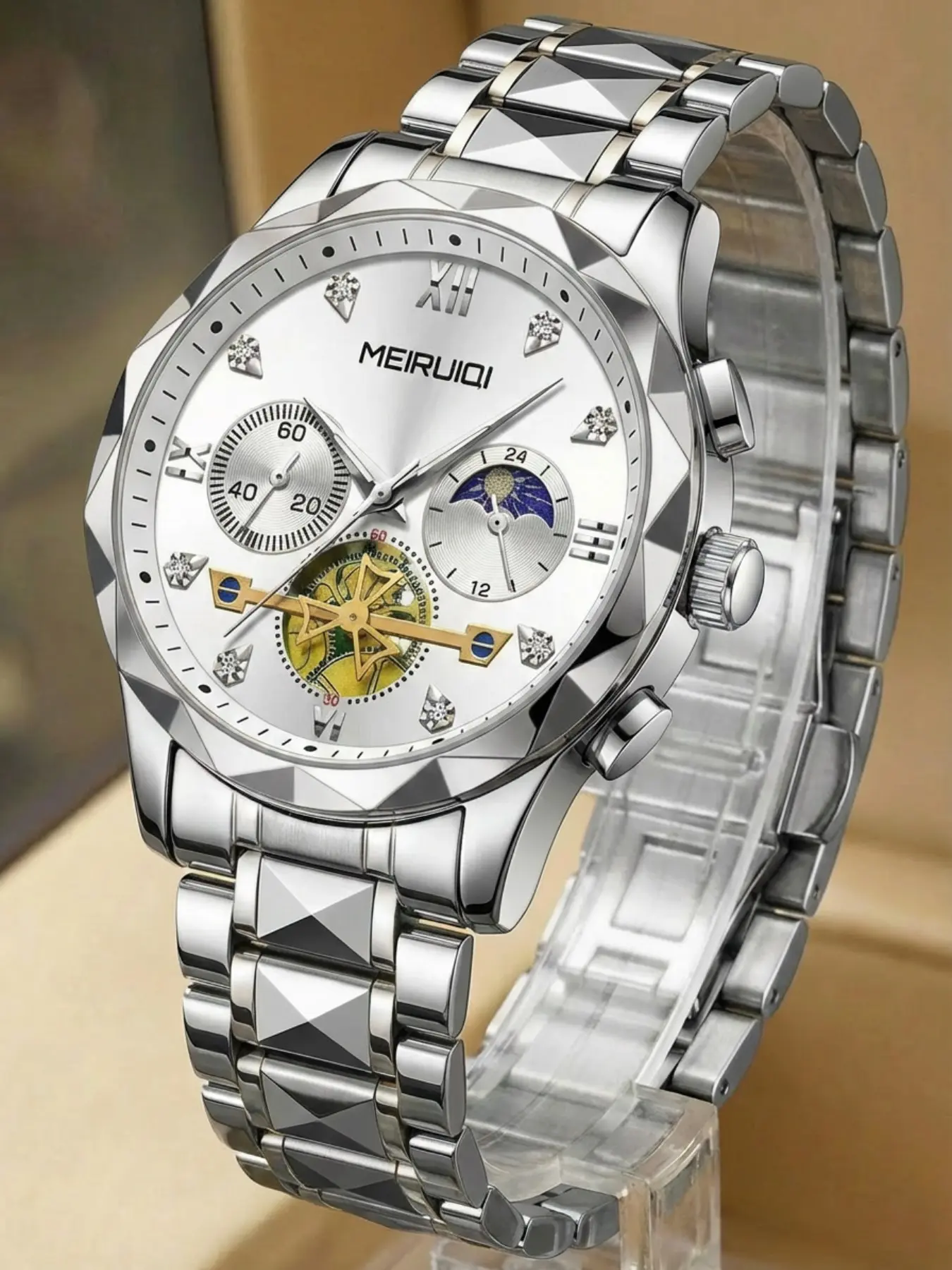 A new men's stainless steel waterproof luminous multifunctional calendar and moon phase quartz watch