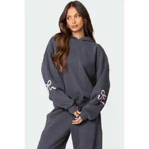 Bonney Bow Detail Hoodie Set, Womens 2 Piece Lounge Sets Bow Trim Print Hoodie Set Fall Fashion Oversized Sweatshirts Wide Leg Sweatpants Clothes Womenswear