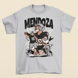 Fernando Mendoza Cartoon Style Las Vegas Football T-Shirt - Men’s Adult Sizes, 100% cotton tee, unisex style