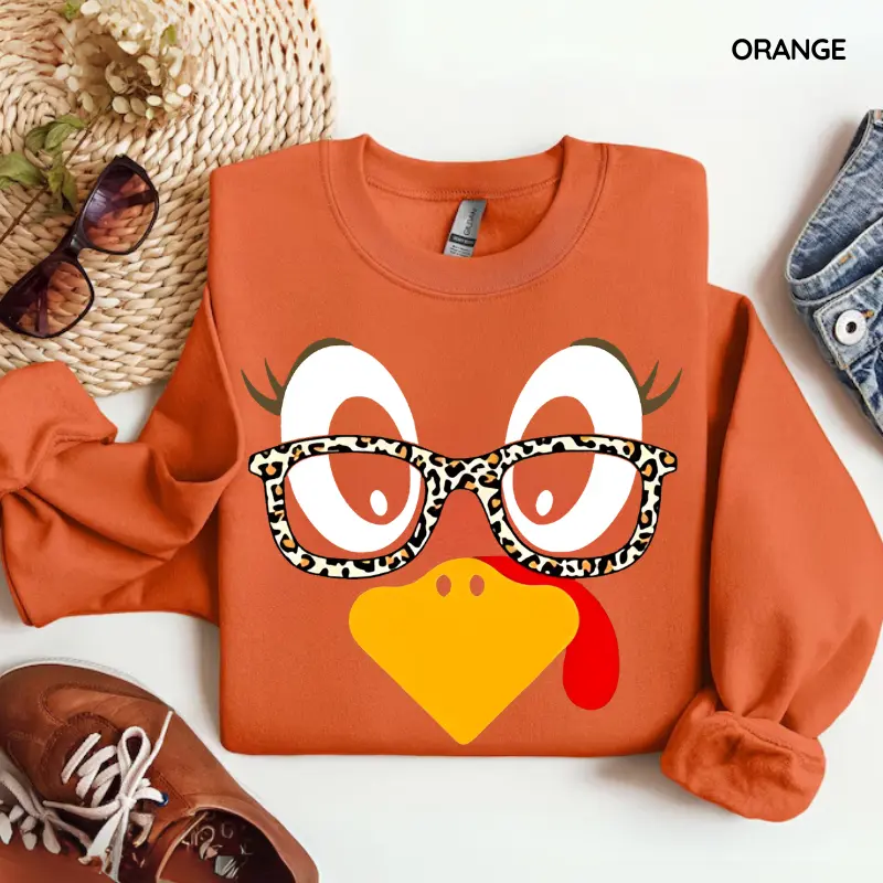 Cute Turkey Fall Thanksgiving Sweatshirt, Thanksgiving Family Matching Shirt,Turkey Face Shirt,Funny Thanksgiving Shirt, Women's Long Sleeve Sweater