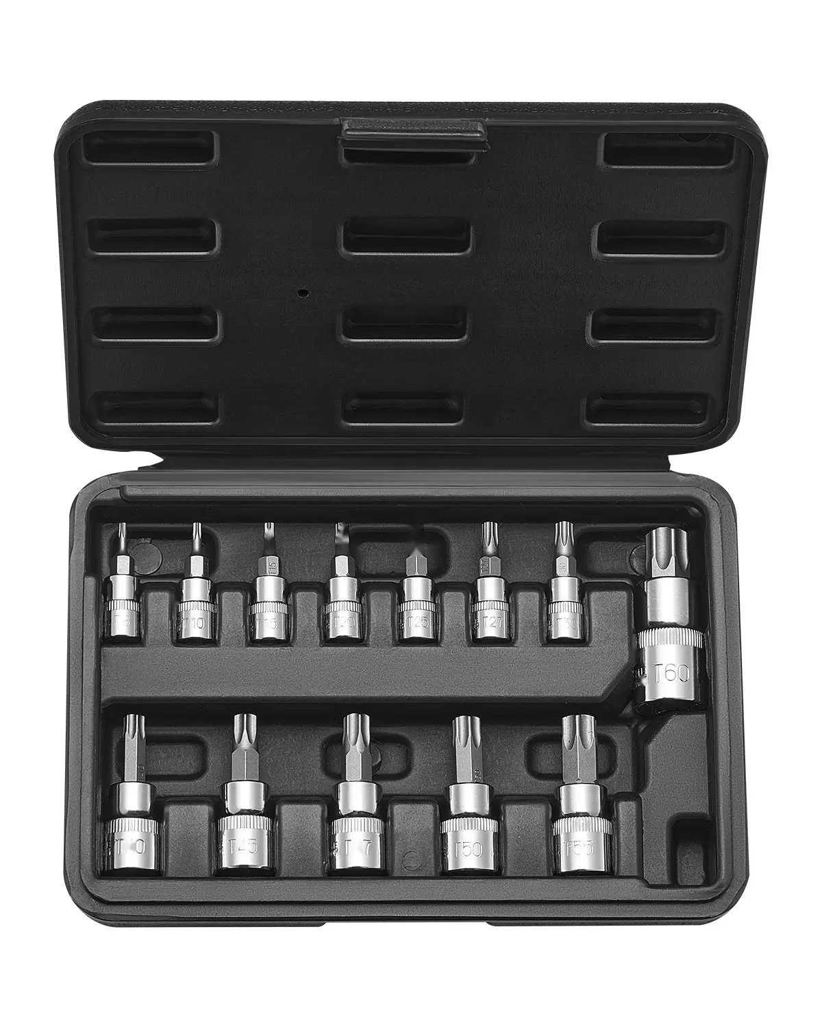Torx Bit Socket Set, 13-Piece Star Torx T8 Through T60, S2 Alloy Steel and Cr-V Steel Construction, Magnetic Quick-Release 1/4-Inch Drive Sockets, Precision Machined, Ideal for Automotive, Mechanical, and DIY Projects