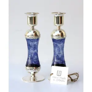 Blue Glass and Sterling Silver Candlesticks