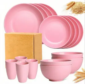 16 Piece Kitchen Wheat Straw Dinnerware Set, Service For 4, Microwave & Dishwasher Safe, Dinner Plates, Dessert Plate, Cereal Bowls, Cups, Unbreakable Plastic Outdoor Camping Dishes cutlery set Tableware Pink