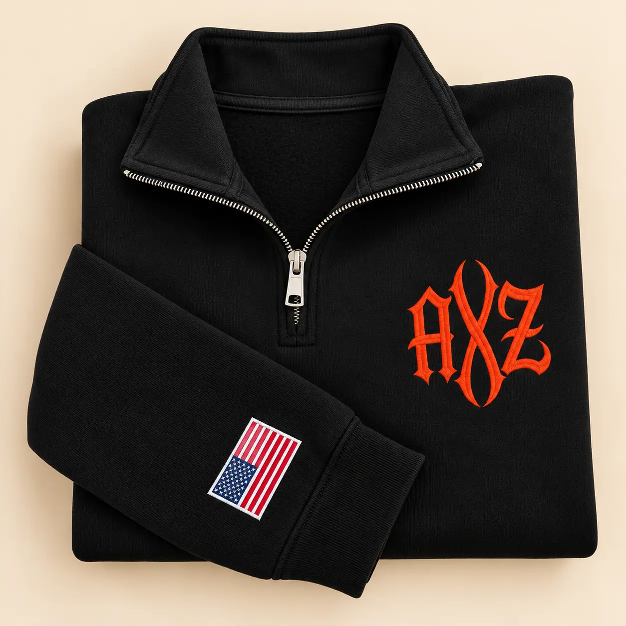 Initial Monogram Embroidered Quarter Zip Sweatshirt, USA Sleeve Pullover, Old Monogram Quarter Zip Sweatshirt, Casual Top for Men Women