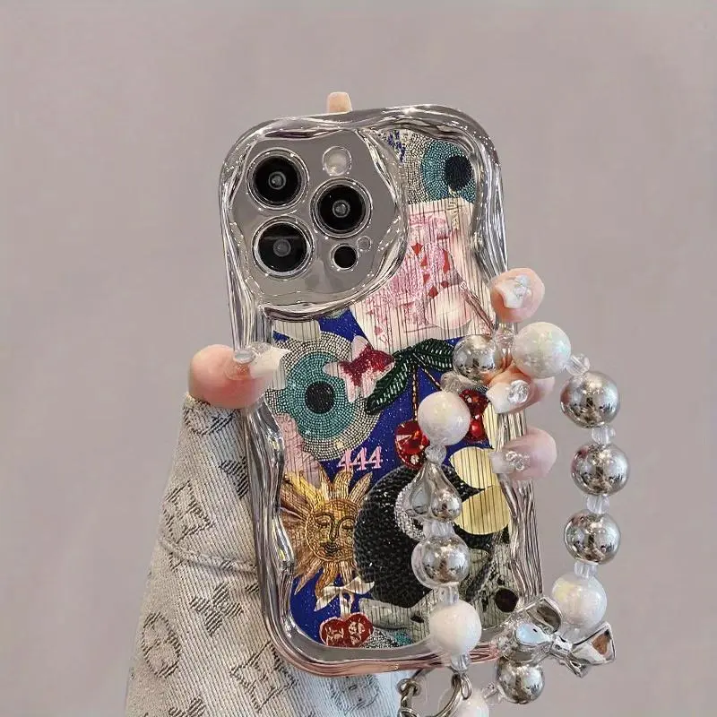 Phone Case with Chain & Beaded Lanyard, Decorative Phone Protective Cover, Mobile Phone Accessories Compatible with iPhone 16 15 14 13 12 11 Plus Pro Max, Casing