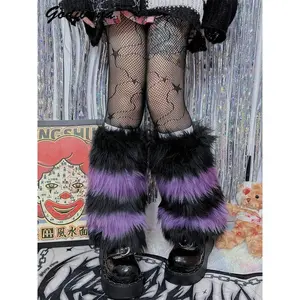 Japanese Harajuku Y2K Spice Girl Winter Fur Leg Warmers Subculture Striped Contrast Color Hairy Warm Fur Socks Leg Cover Women Womenswear Bridal