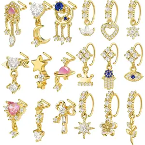 THE WELL KEPT 18 Pcs 20g Nose Rings Dangle for Women Nose Piercings L Shaped Stud Hoop Cute Star Heart Round Jewelry Dangle Studs Rings for Mother Wife Friend Gifts(Gold)