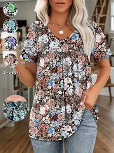 Plus Size Women's Ditsy Floral Print V-Neck Short Sleeve Loose Fit Casual Top, Multiple Colors, Comfortable and Stylish Summer Clothing for Everyday Wear