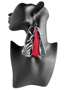 Zebra Print Fabric, Red, and Denim Tassel Dangle Earrings - Brightly Colored, Colorful Statement, Contemporary Ethnic Costume Jewelry Accessories, Statement Earrings