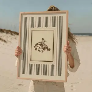 Vintage Cowboy Art Print – Rustic Western Rodeo Wall Art, Charcoal Stripes Farmhouse Decor for Living Room or Cabin O