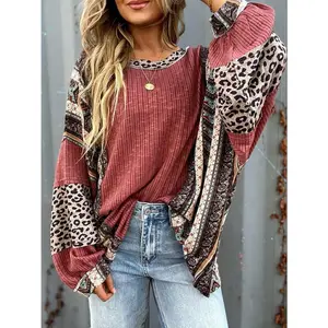 Leopard Print Fleece Lined Round Neck Long Sleeve Oversized Sweatshirt Hoodie Tops
