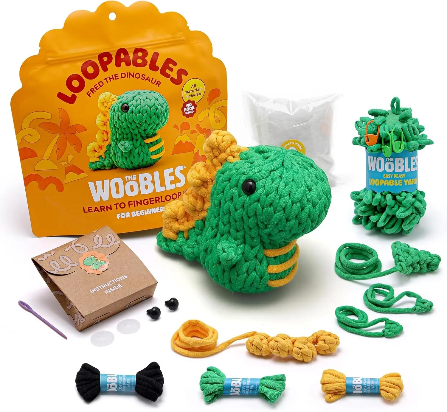 The Woobles Loopables Crochet Kit for Beginners (Fred the Dino) | As seen on Shark Tank, No crochet hook needed, fingerloop premade loops: Easy Peasy Loopable Yarn, pre-started piece Gift