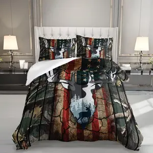 Deer Hunting Camo Comforter, Flag and Deer Comforter Set Queen Size for Adult Teen Boy Room with 2 Pillowcase.