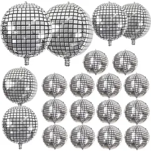 20Pcs Disco Ball Balloons – 4D Metallic Silver Mylar, 32” 22” 10” for 70s,80s Disco, New Year’s Party Decoration