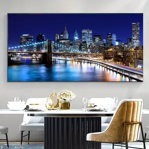 Fashionable Art Deco Manhattan Skyline Canvas Wall Painting New York Cityscape Pine Frame Wall Hanging for Living Room Home Office Indoor Elegance