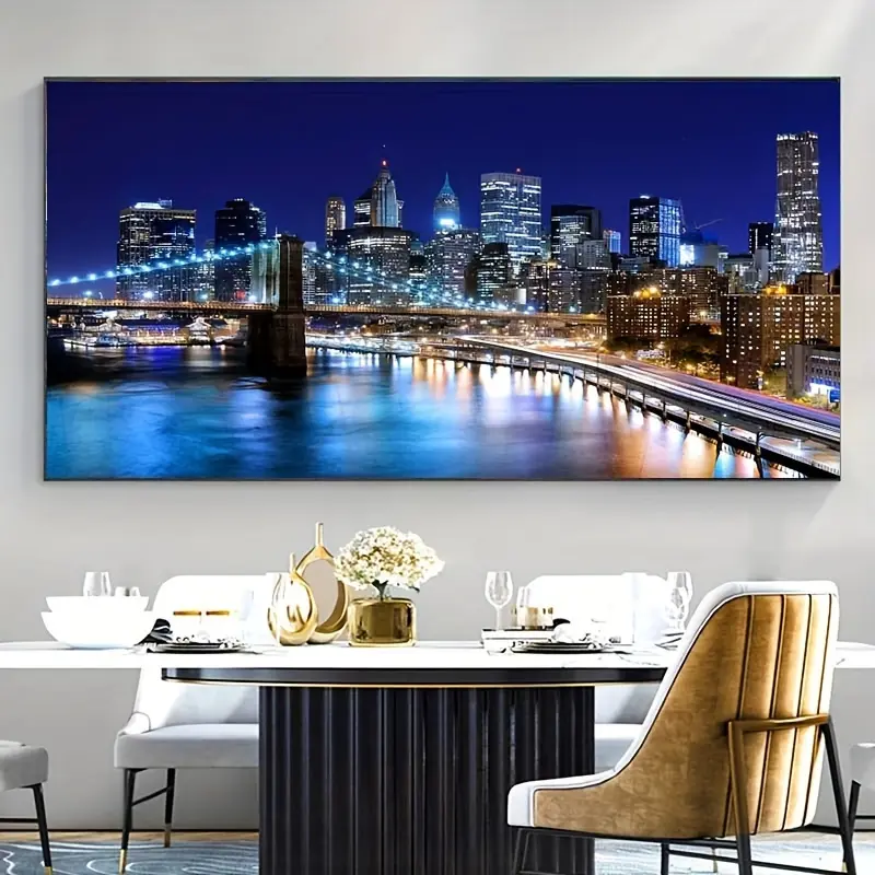 Artistic Art Deco Manhattan Skyline Canvas Print with Pine Wood Frame - Wall Hanging Decoration for Living Room, Office Home Decor Accent