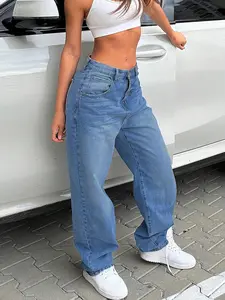 Women's Casual Basic All-Season Denim Jeans Pants, Fitted Loose Fit Blue Jeans, Cuffed Barrel Jeans, Perfect for Commuting & Daily Wear, Classic Style